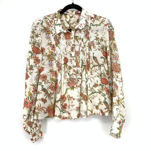 Pilcro Anthropologie Button Front Blouse Womens XS Pintucks Floral Print White - Picture 1 of 6